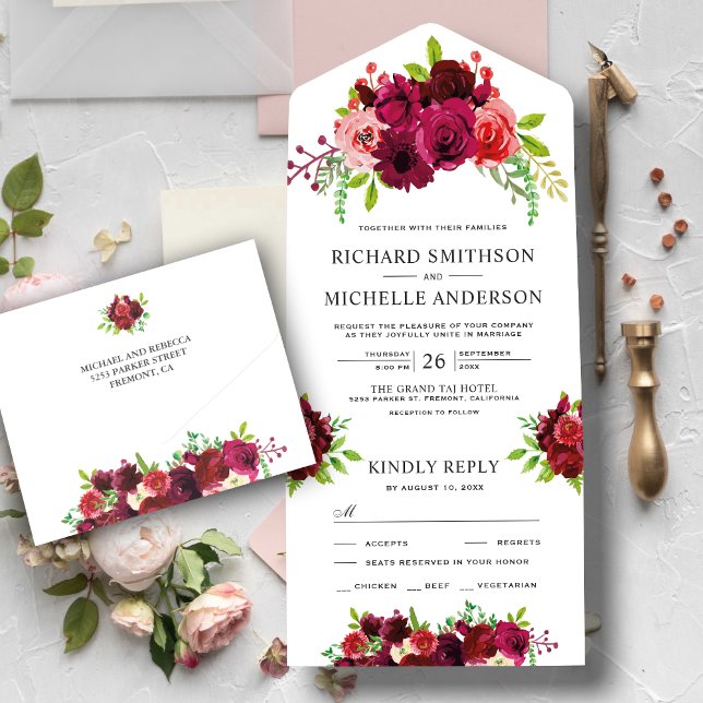 Invitación Todo En Uno Rústico País Burgundy Floral Bouquet Boda (Subido por el creador)