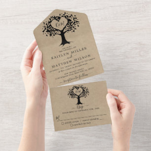 Invitación Todo En Uno Rústico País Kraft Monograma Árbol Boda