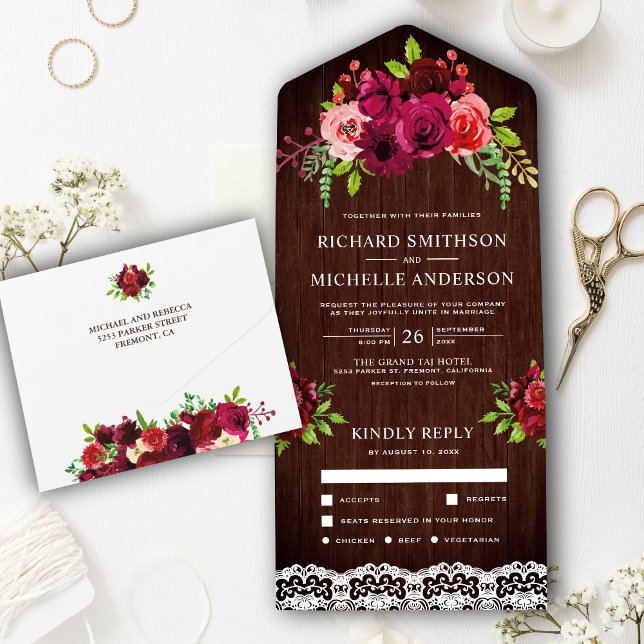 Invitación Todo En Uno Rústico País Maderero Lace Borgoña Boda Floral (Subido por el creador)