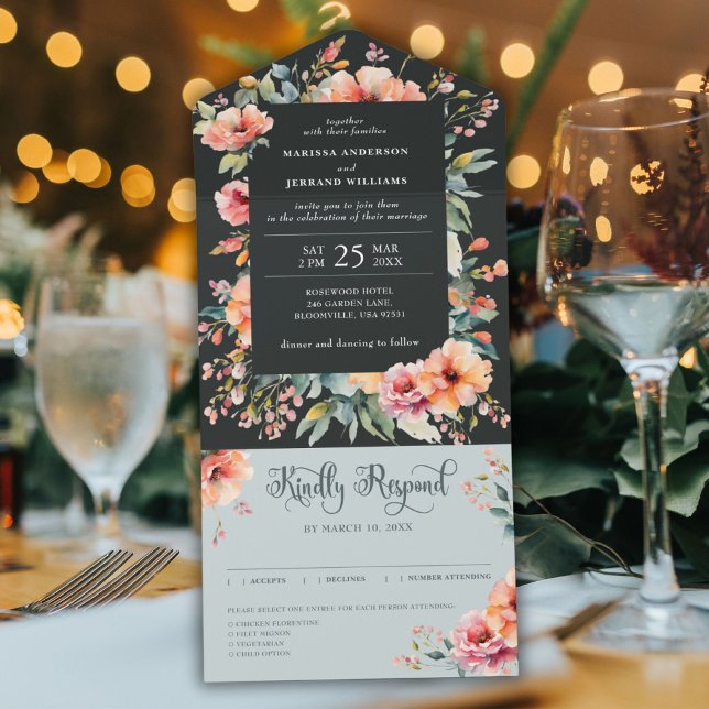 Invitación Todo En Uno Rústico País Sage Verde Boda floral moderna (Rustic Country Sage Green Modern Floral Wedding All In One Invitation)