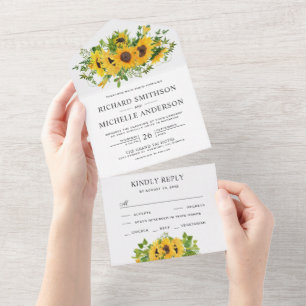 Invitación Todo En Uno Rústico País Sunflowers Bouquet Floral Boda