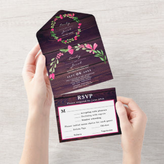 Invitación Todo En Uno Rústico Polvo Púrpura Madera Granero Rosa Floral B