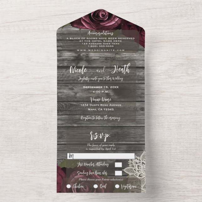 Invitación Todo En Uno Rústico Rosas de Borgoña Boda de encaje blanco tod (Interior)