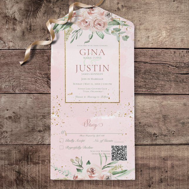 Invitación Todo En Uno Rústico Rubor rosa Roses Gold Accents QR Code (Rustic Blush Pink Roses Gold Accents All In One Wedding Invitation with QR Code)