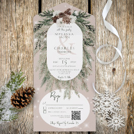 Invitación Todo En Uno Rústico Tan Pine Winter Sparkle Código QR