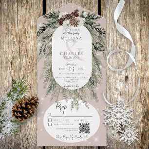 Invitación Todo En Uno Rústico Tan Pine Winter Sparkle Código QR