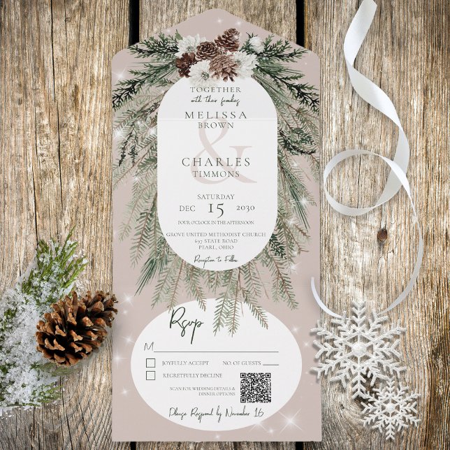 Invitación Todo En Uno Rústico Tan Pine Winter Sparkle Código QR (Subido por el creador)