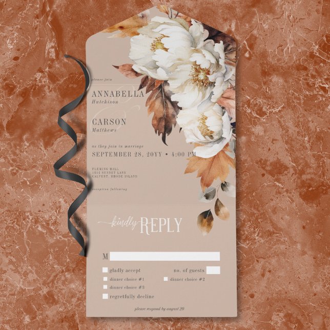 Invitación Todo En Uno Rústico Tan y Crema Caída Floral y Sale Cena (Rustic Tan & Cream Fall Floral & Leaves Dinner All In One Invitation)