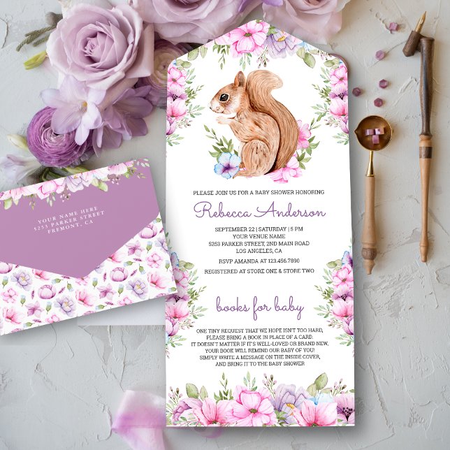 Invitación Todo En Uno Rústico Woodland Cute Floral Squirrel Baby Shower (Subido por el creador)