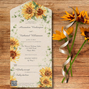 Invitación Todo En Uno Rústicos girasoles de campo con código QR
