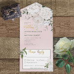 Invitación Todo En Uno Rústicos personajes blancos florales en una cena r<br><div class="desc">TAMBIÉN ESTÁ DISPONIBLE CON UN CÓDIGO QR A ESCALAR. Sencillo y elegante, este diseño presenta una gran variedad de flores blancas, incluyendo rosas y peonías, sobre un fondo de color rosa rosa oscuro. Las invitaciones todo en uno personalizadas son una combinación única de una invitación personalizado bien impresa y una...</div>