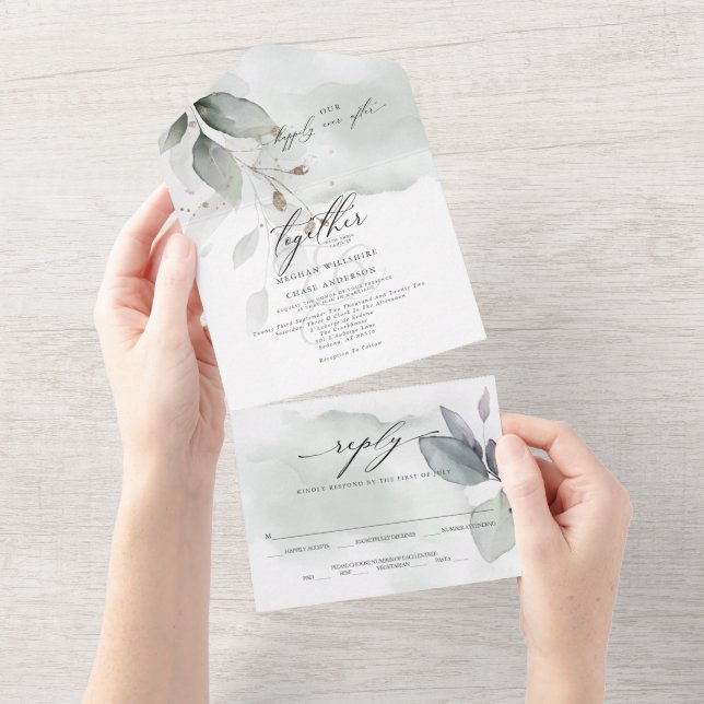 Invitación Todo En Uno Sabio Verde Foliage de Boda   (desgarro)