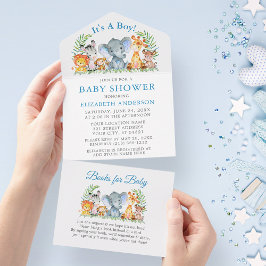 Invitación Todo En Uno Safari Animals Boy Blue Baby Shower and Books