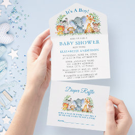 Invitación Todo En Uno Safari Animals niño Azul Baby Shower y Raffle