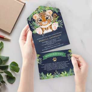 Invitación Todo En Uno Safari de la Jungla Tropical Tigre Lindo Azul Mari
