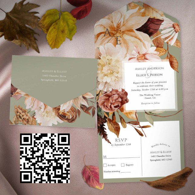 Invitación Todo En Uno Sage Green Autumn Elegance, Fall Wedding (Sage Green Fall Wedding Invitations, All-in-one Autumn wedding invite with postcard RSVP)
