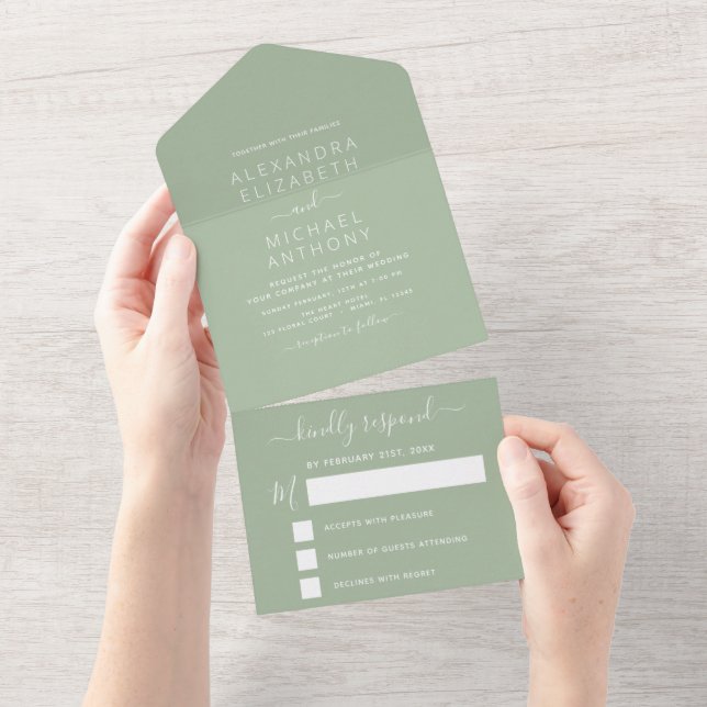 Invitación Todo En Uno Sage Green Boda Typografía moderna (desgarro)