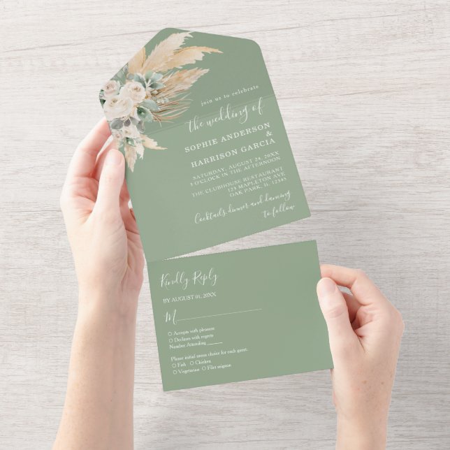 Invitación Todo En Uno Sage Green Boho Pampas Grass Boda (desgarro)
