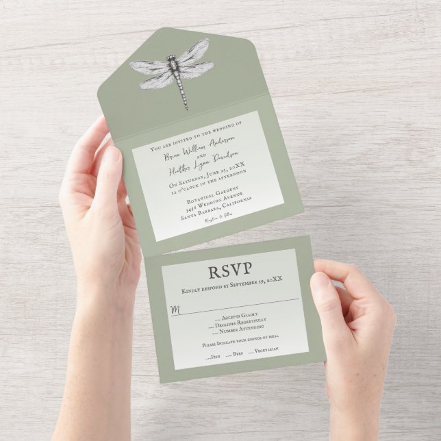 Invitación Todo En Uno Sage Green Dragonfly Boda (desgarro)