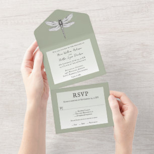 Invitación Todo En Uno Sage Green Dragonfly Boda
