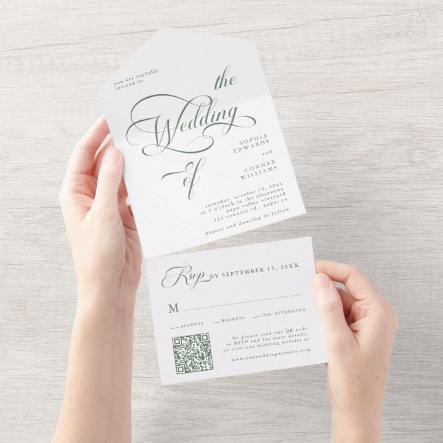Invitación Todo En Uno Sage Green Elegant Classy Calligraphy Boda (desgarro)