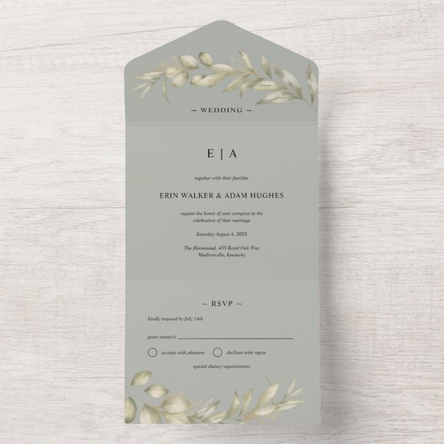 Invitación Todo En Uno Sage Green Eucalyptus Wreath Boda (Interior)