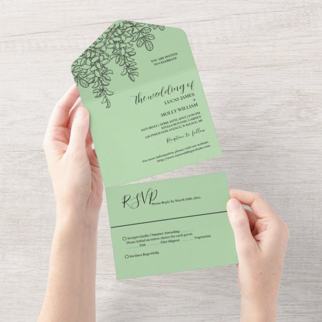 Invitación Todo En Uno Sage Green Fern Leaf Boda (desgarro)