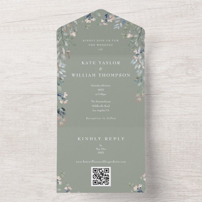 Invitación Todo En Uno Sage Green Floral Greeneration QR Code Boda (Interior)
