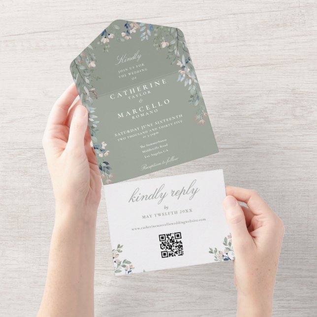 Invitación Todo En Uno Sage Green Floral Greeneration QR Code Boda (desgarro)