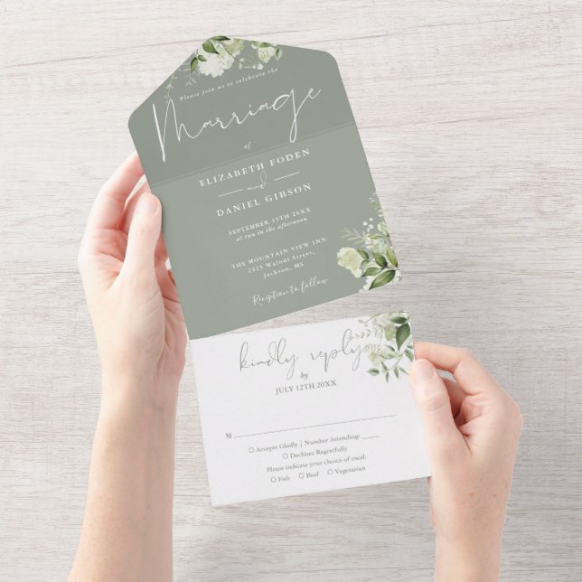 Invitación Todo En Uno Sage Green Floral Greenery Boda (desgarro)