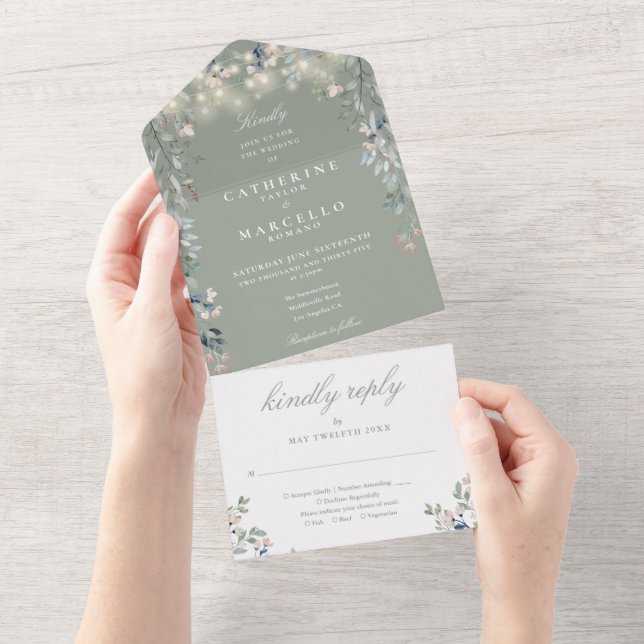 Invitación Todo En Uno Sage Green Floral Greenery String Lights Boda (desgarro)