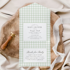 Invitación Todo En Uno Sage Green Gingham Baby Shower