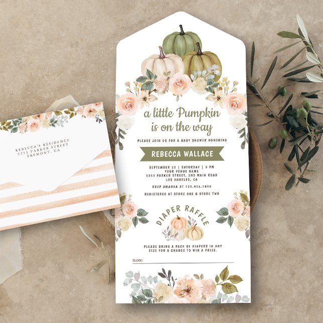 Invitación Todo En Uno Sage Green Little Pumpkin Peach Flour Baby Shower (Subido por el creador)