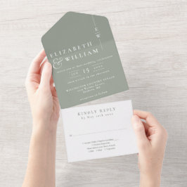 Invitación Todo En Uno Sage Green Minimalista Elegante Boda Monograma