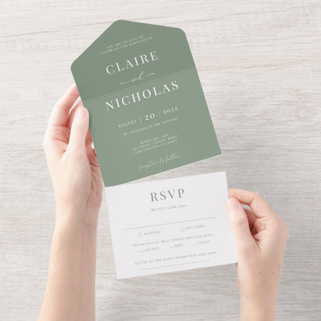 Invitación Todo En Uno Sage Green Modern Elegant Wedding (desgarro)