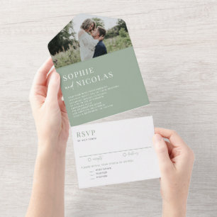 Invitación Todo En Uno Sage Green Modern Handwrin Photo Boda