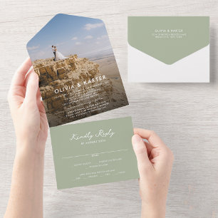 Invitación Todo En Uno Sage Green Modern Simple Romantic Photo Boda