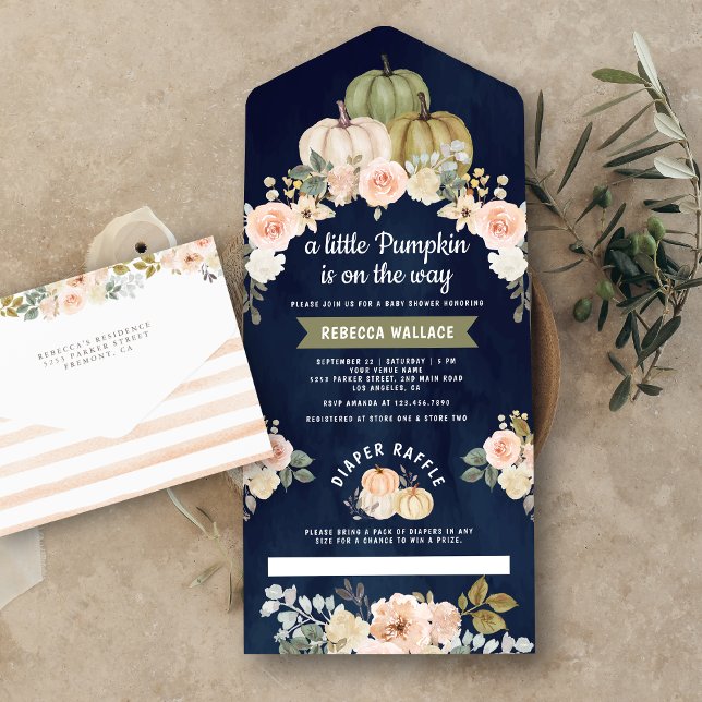 Invitación Todo En Uno Sage Green Pumpkin Peach Floral Nave Baby Shower (Subido por el creador)