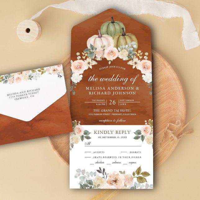 Invitación Todo En Uno Sage Green Pumpkin Peach Floral Terracotta Boda (Subido por el creador)