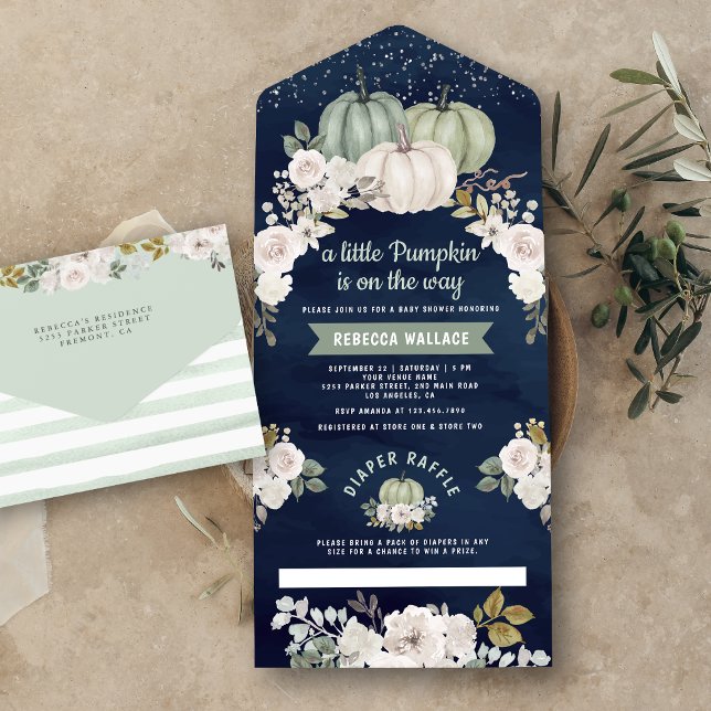 Invitación Todo En Uno Sage Green Pumpkin White Floral Nave Baby Shower (Subido por el creador)