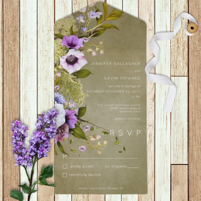 Invitación Todo En Uno Sage Green & Purple Floral Moderno No Cena (Subido por el creador)