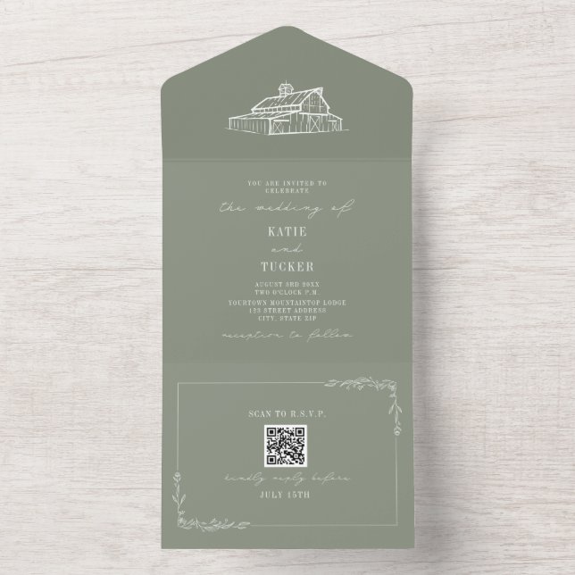 Invitación Todo En Uno Sage Green QR, Boda de la granja de granjas rusas  (Interior)