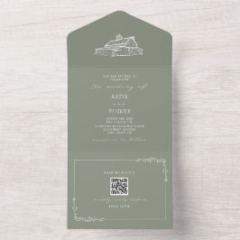 Invitación Todo En Uno Sage Green QR, Boda de la granja de granjas rusas 