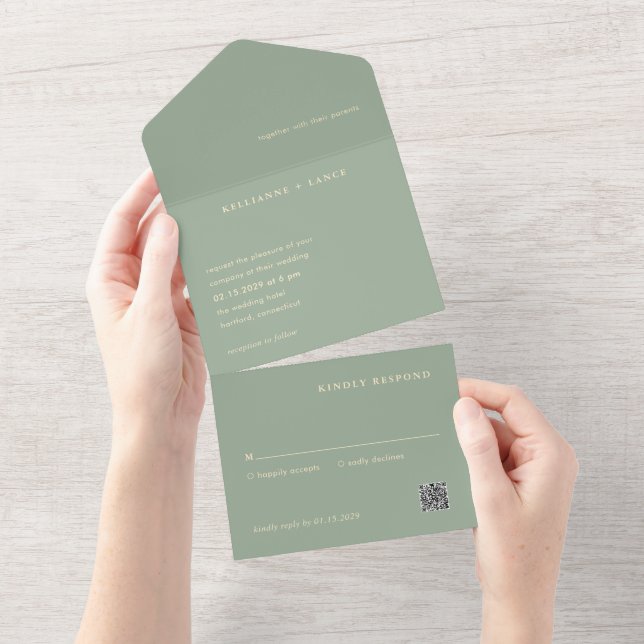 Invitación Todo En Uno Sage Green QR Code Simple Modern Wedding (desgarro)