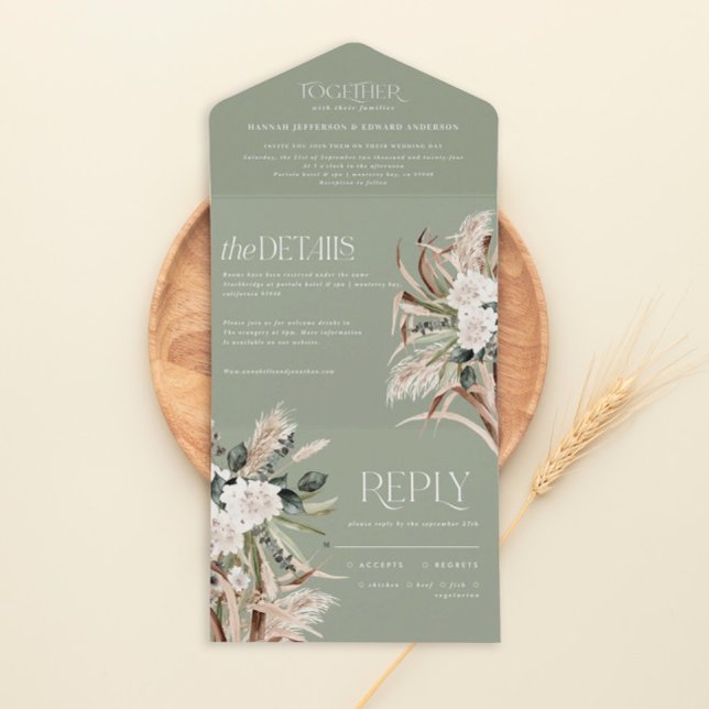 Invitación Todo En Uno sage green rústico pampas eucalipto boda (Subido por el creador)