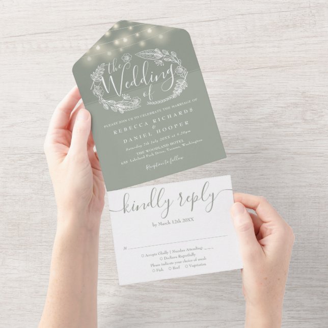 Invitación Todo En Uno Sage Green String Lights Foliage Boda (desgarro)