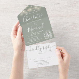 Invitación Todo En Uno Sage Green String Lights Mason Jars Boda