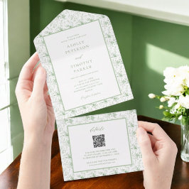 Invitación Todo En Uno Sage Green Toile Vintage Floral Classic Boda