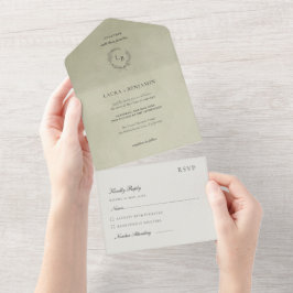 Invitación Todo En Uno Sage Green Velvet, Laurel Wreath Wedding