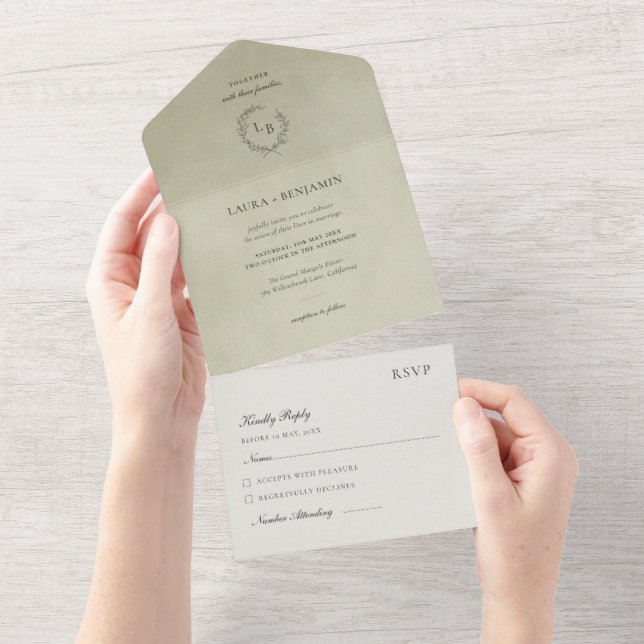 Invitación Todo En Uno Sage Green Velvet, Laurel Wreath Wedding (desgarro)